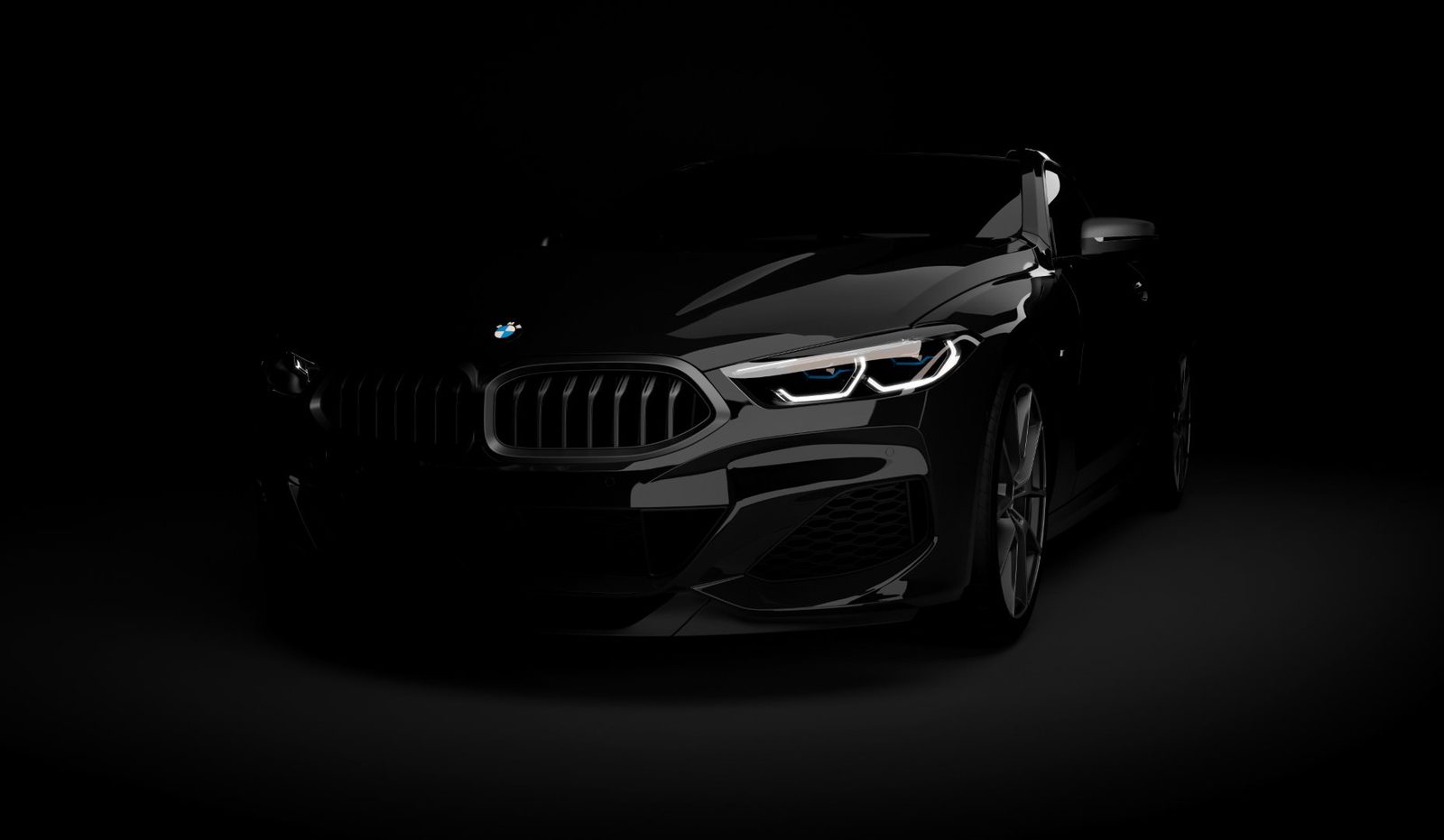 Black luxury sports car with LED headlights in a dark studio